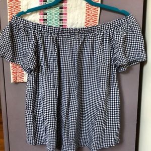 Blue gingham off-shoulder top